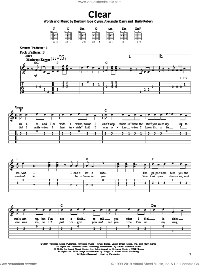Clear sheet music for guitar solo (easy tablature) by Hannah Montana, Miley Cyrus, Alexander Barry, Destiny Hope Cyrus and Shelly Peiken, easy guitar (easy tablature)
