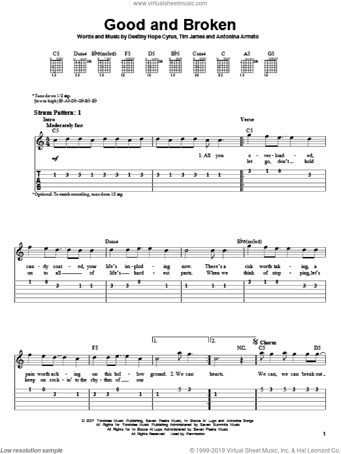 Good And Broken sheet music for guitar solo (easy tablature) by Hannah Montana, Miley Cyrus, Antonina Armato, Destiny Hope Cyrus and Tim James, easy guitar (easy tablature)