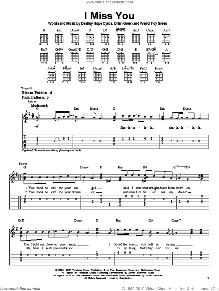I Miss You sheet music for guitar solo (easy tablature) by Hannah Montana, Miley Cyrus, Brian Green, Destiny Hope Cyrus and Wendi Foy Green, easy guitar (easy tablature)