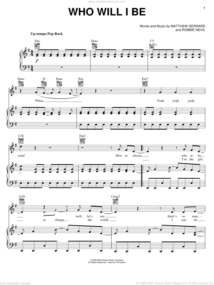 Who Will I Be (from Camp Rock) sheet music for voice, piano or guitar by Demi Lovato, Camp Rock (Movie), Jonas Brothers, Matthew Gerrard and Robbie Nevil, intermediate skill level