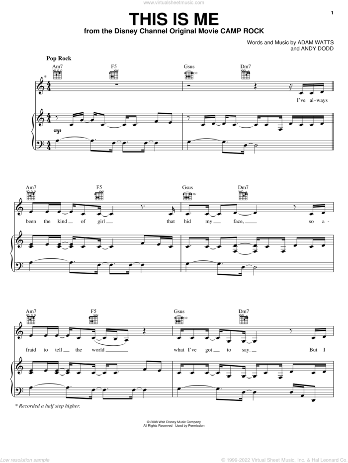 This Is Me (from Camp Rock) sheet music for voice, piano or guitar by Demi Lovato, Camp Rock (Movie), Jonas Brothers, Adam Watts and Andy Dodd, intermediate skill level