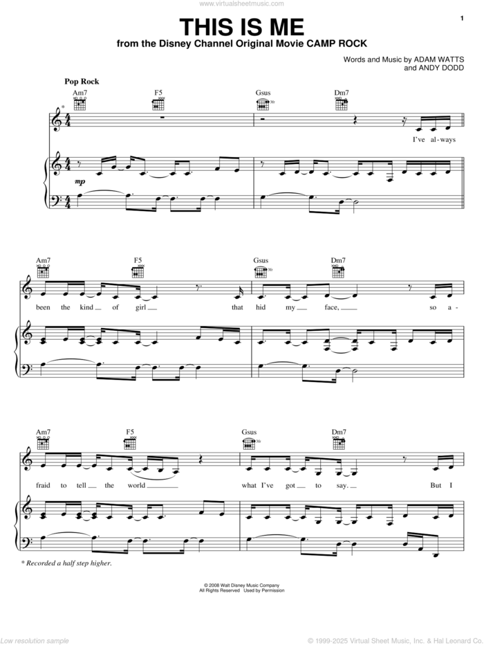 This Is Me (from Camp Rock) sheet music for voice, piano or guitar by Demi Lovato, Camp Rock (Movie), Jonas Brothers, Adam Watts and Andy Dodd, intermediate skill level