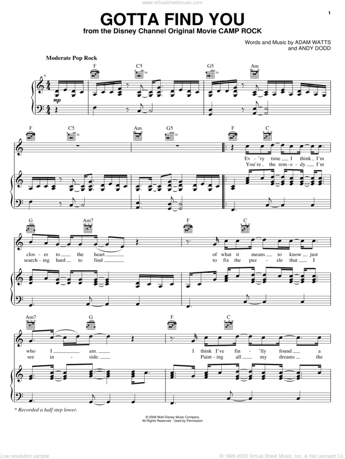 Gotta Find You (from Camp Rock) sheet music for voice, piano or guitar by Joe Jonas, Camp Rock (Movie), Jonas Brothers, Adam Watts and Andy Dodd, intermediate skill level