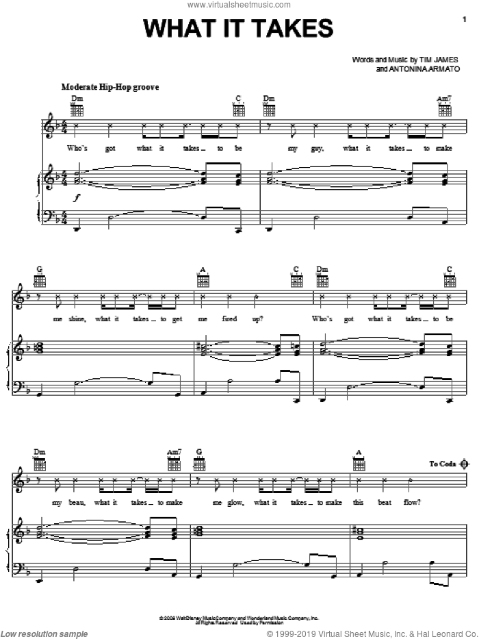 What It Takes sheet music for voice, piano or guitar by Aaron Doyle, Camp Rock (Movie), Jonas Brothers, Antonina Armato and Tim James, intermediate skill level