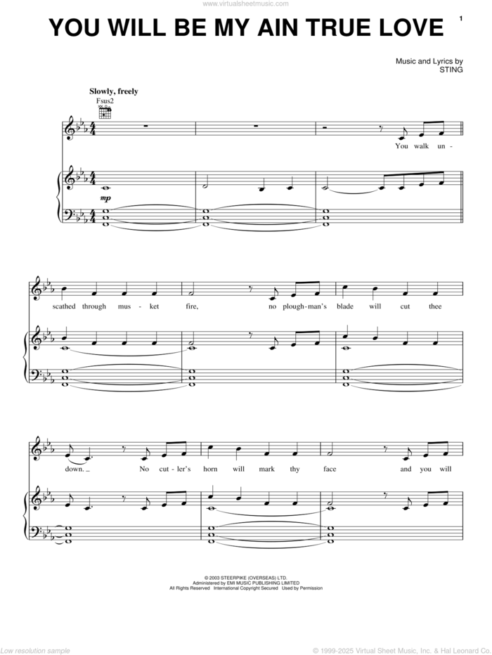 You Will Be My Ain True Love sheet music for voice, piano or guitar by Sting, Alison Krauss and Cold Mountain (Movie), intermediate skill level