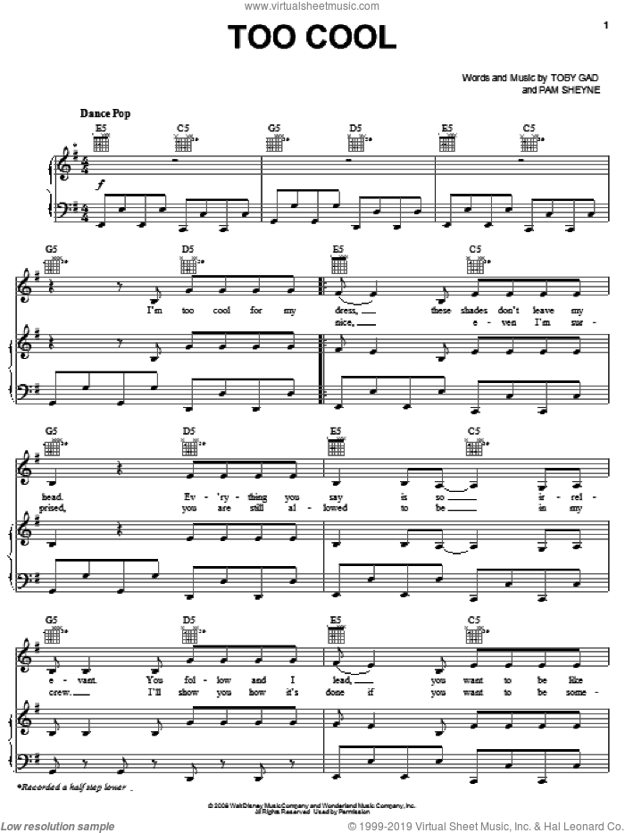 Too Cool sheet music for voice, piano or guitar by Meaghan Martin, Camp Rock (Movie), Jonas Brothers, Pam Sheyne and Toby Gad, intermediate skill level