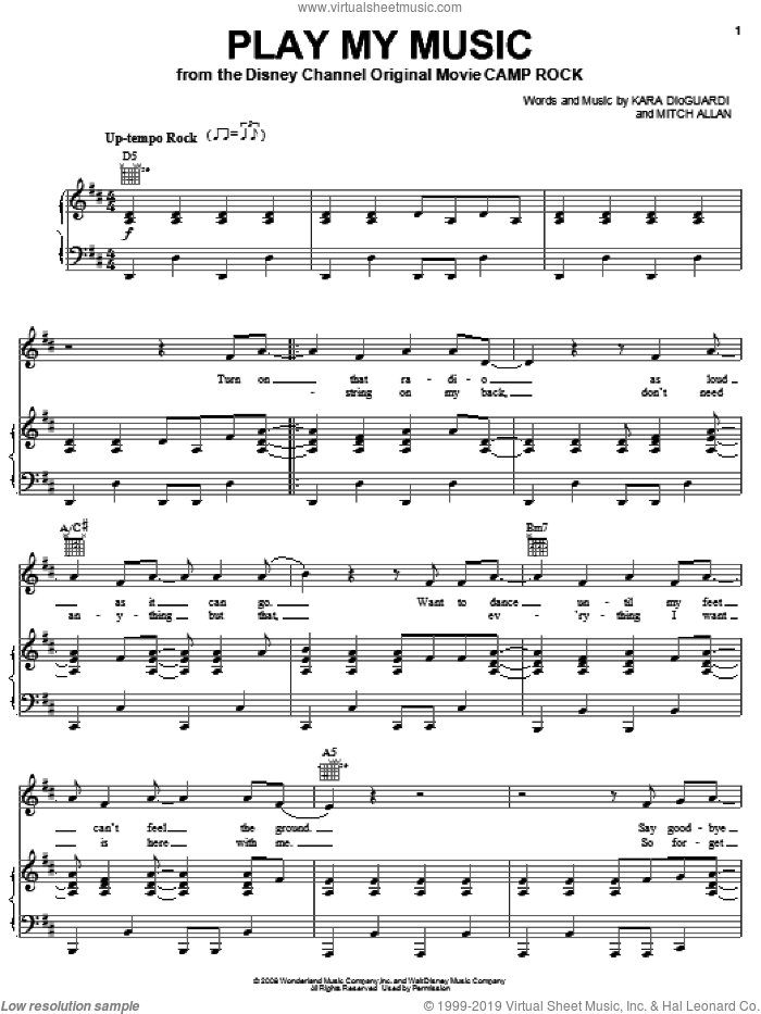 Play My Music sheet music for voice, piano or guitar by Jonas Brothers, Camp Rock (Movie), Kara DioGuardi and Mitch Allan, intermediate skill level