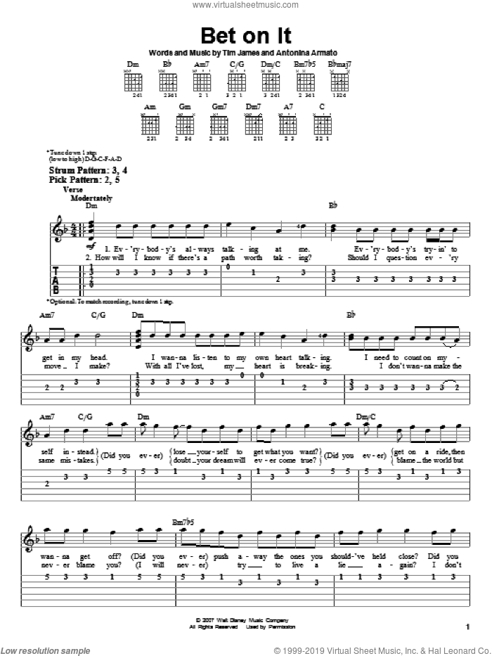 Bet On It sheet music for guitar solo (easy tablature) by High School Musical 2, Antonina Armato and Tim James, easy guitar (easy tablature)