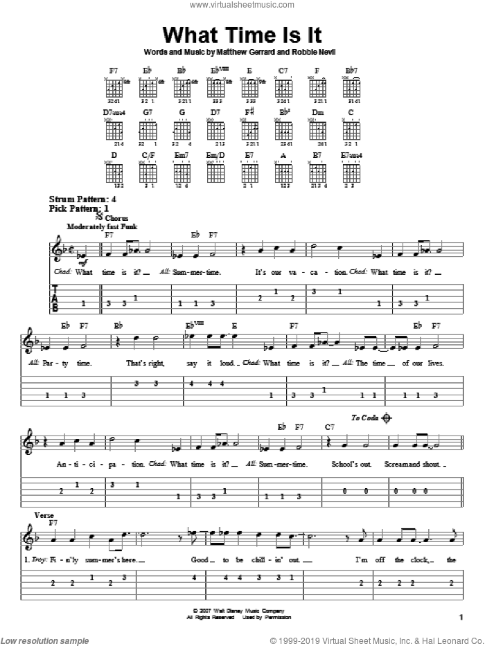 What Time Is It sheet music for guitar solo (easy tablature) by High School Musical 2, Matthew Gerrard and Robbie Nevil, easy guitar (easy tablature)