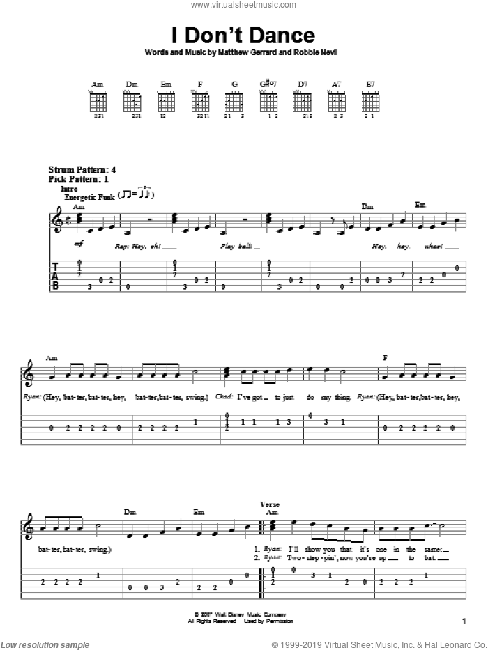 I Don't Dance sheet music for guitar solo (easy tablature) by High School Musical 2, Matthew Gerrard and Robbie Nevil, easy guitar (easy tablature)