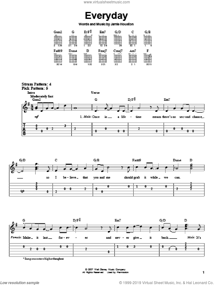 Everyday sheet music for guitar solo (easy tablature) by High School Musical 2 and Jamie Houston, easy guitar (easy tablature)