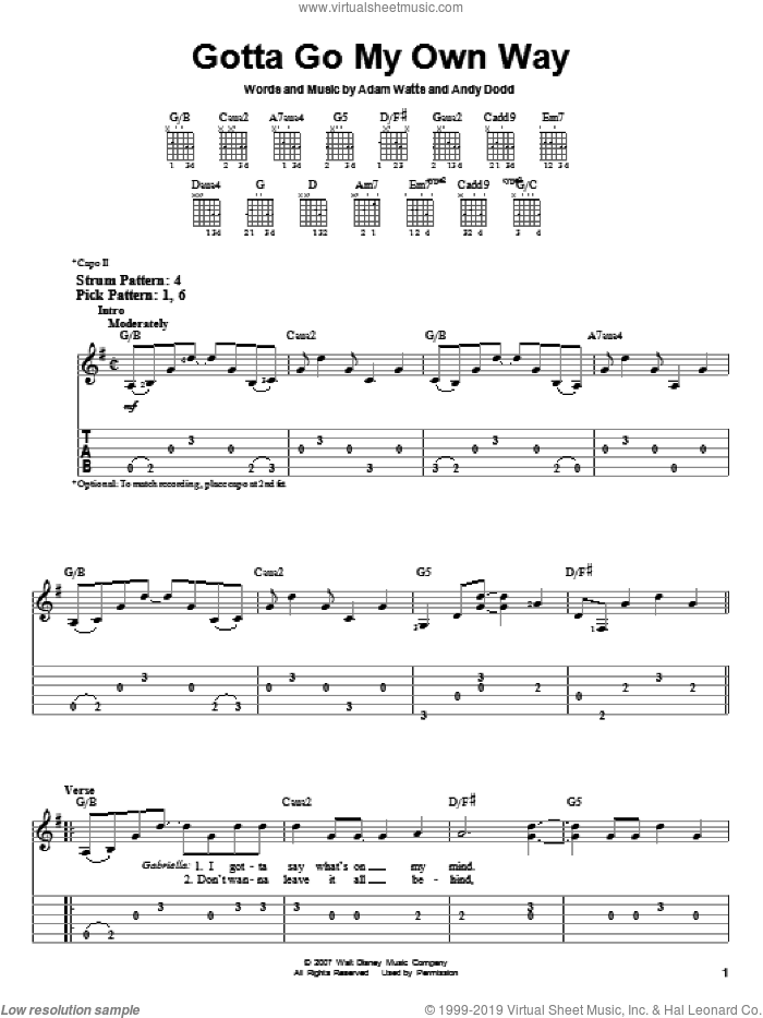Gotta Go My Own Way sheet music for guitar solo (easy tablature) by High School Musical 2, Adam Watts and Andy Dodd, easy guitar (easy tablature)