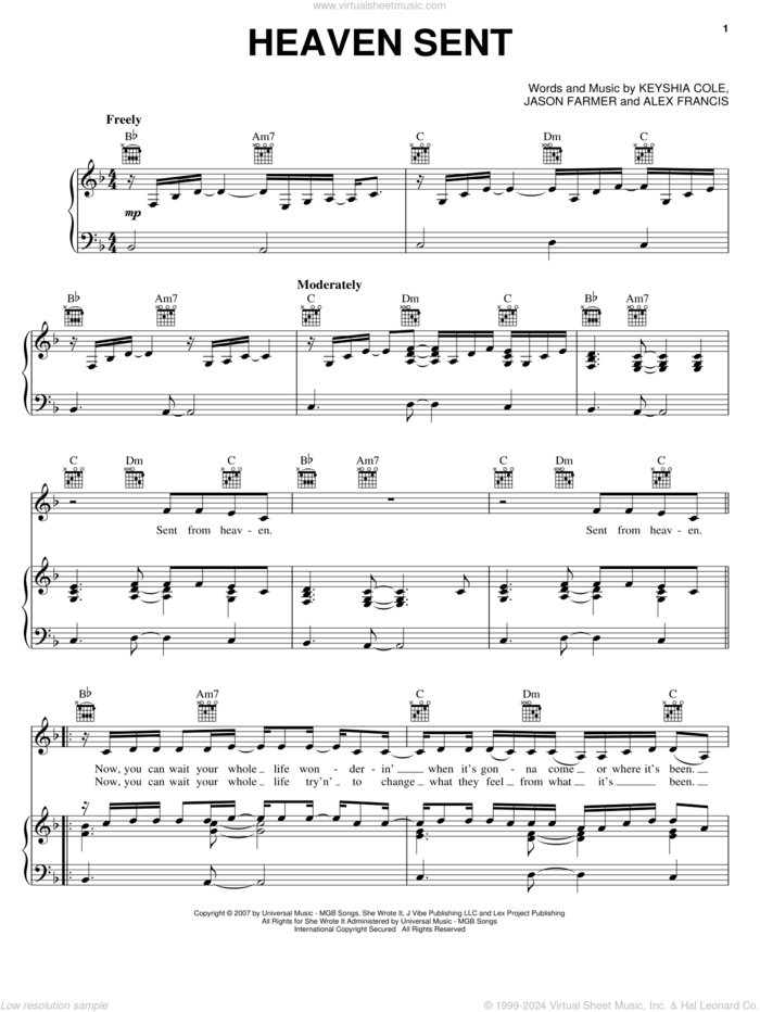 Heaven Sent sheet music for voice, piano or guitar by Keyshia Cole, Alex Francis and Jason Farmer, intermediate skill level