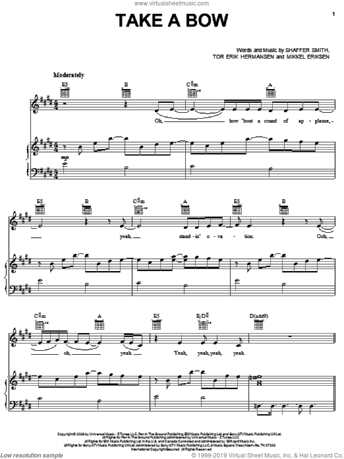 Take A Bow sheet music for voice, piano or guitar by Rihanna, Miscellaneous, Mikkel Eriksen, Shaffer Smith and Tor Erik Hermansen, intermediate skill level