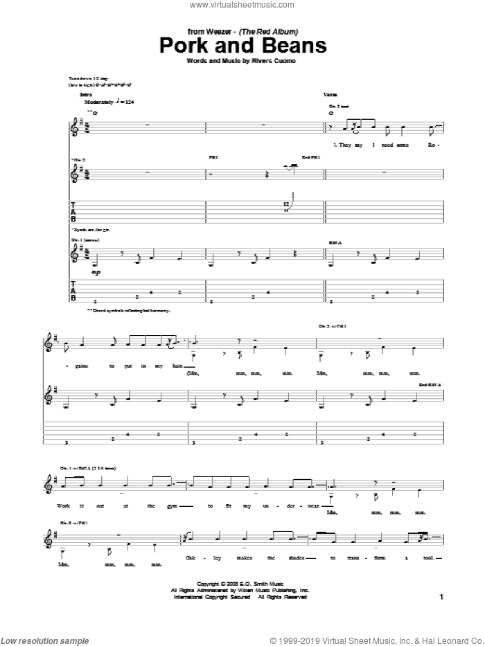 Pork And Beans sheet music for guitar (tablature) by Weezer and Rivers Cuomo, intermediate skill level
