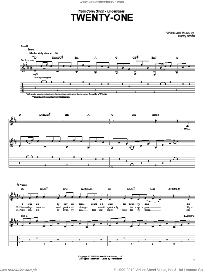 Twenty-One sheet music for guitar (tablature) by Corey Smith, intermediate skill level