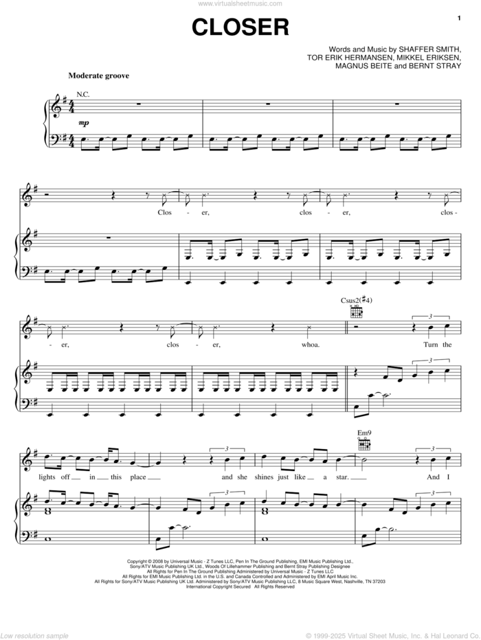 Closer sheet music for voice, piano or guitar by Ne-Yo, Bernt Stray, Magnus Beite, Mikkel Eriksen, Shaffer Smith and Tor Erik Hermansen, intermediate skill level