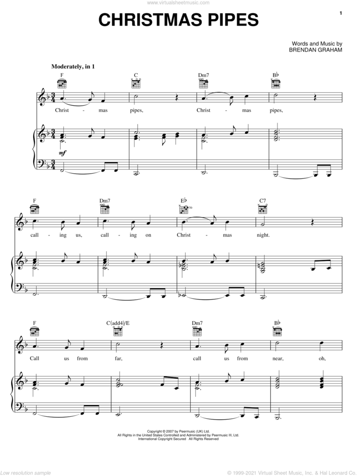 Christmas Pipes sheet music for voice, piano or guitar by Celtic Woman and Brendan Graham, intermediate skill level