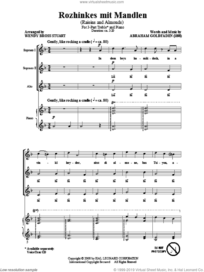 Rozhinkes Mit Mandlen (Raisins And Almonds) sheet music for choir (3-Part Treble) by Abraham Goldfaden and Wendy Bross Stuart, intermediate skill level