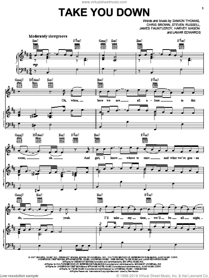 Take You Down sheet music for voice, piano or guitar by Chris Brown, Damon Thomas, Harvey Mason, James Fauntleroy, Lamar Edwards and Steven Russell, intermediate skill level