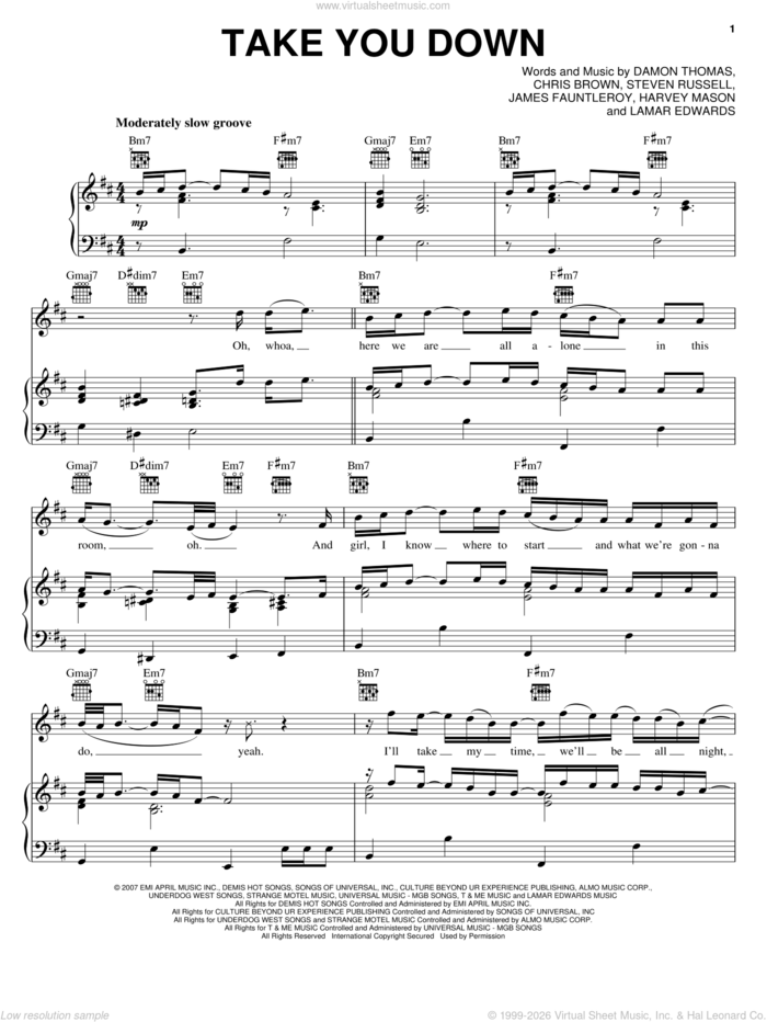 Take You Down sheet music for voice, piano or guitar by Chris Brown, Damon Thomas, Harvey Mason, James Fauntleroy, Lamar Edwards and Steven Russell, intermediate skill level