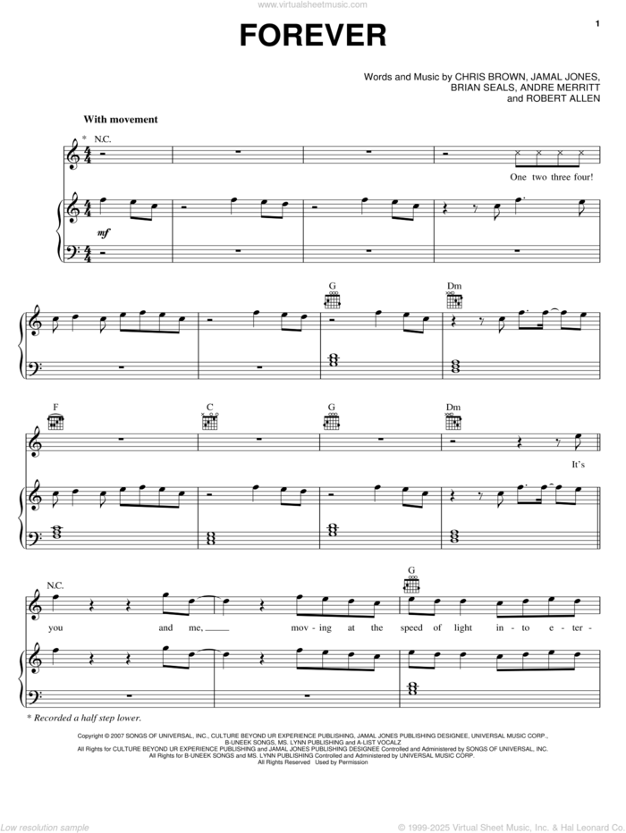 Forever sheet music for voice, piano or guitar by Chris Brown, Andre Merritt, Brian Seals, Jamal Jones and Robert Allen, intermediate skill level