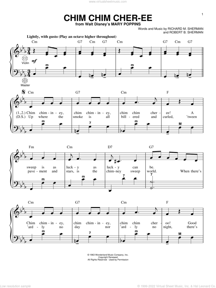 Chim Chim Cher-ee sheet music for accordion by Sherman Brothers, Mary Poppins (Movie), Richard M. Sherman and Robert B. Sherman, intermediate skill level