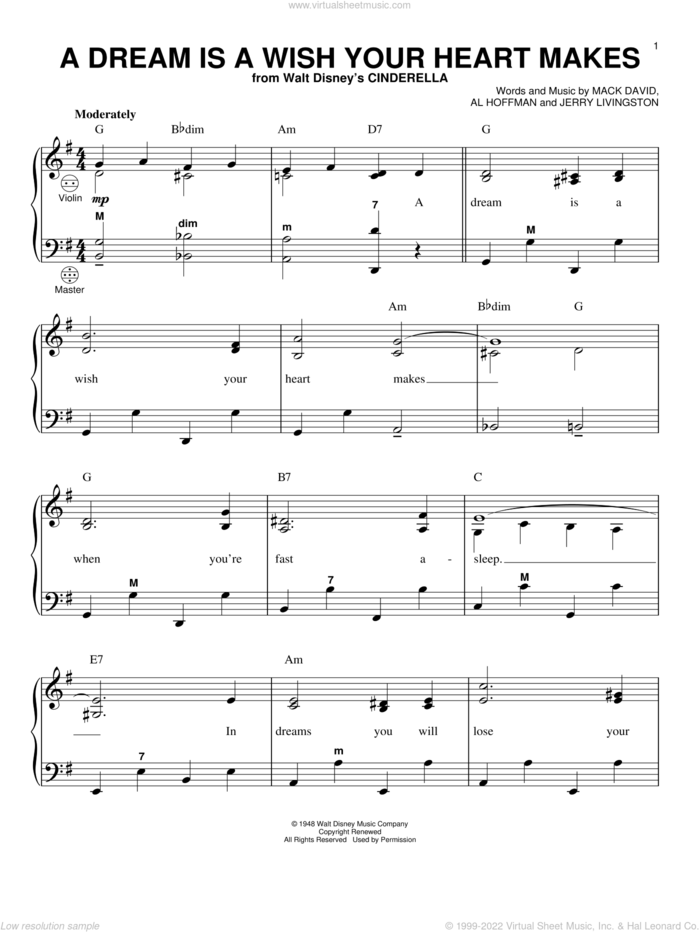 A Dream Is A Wish Your Heart Makes (from Cinderella) sheet music for accordion by Al Hoffman, Ilene Woods, Linda Ronstadt, Jerry Livingston and Mack David, wedding score, intermediate skill level