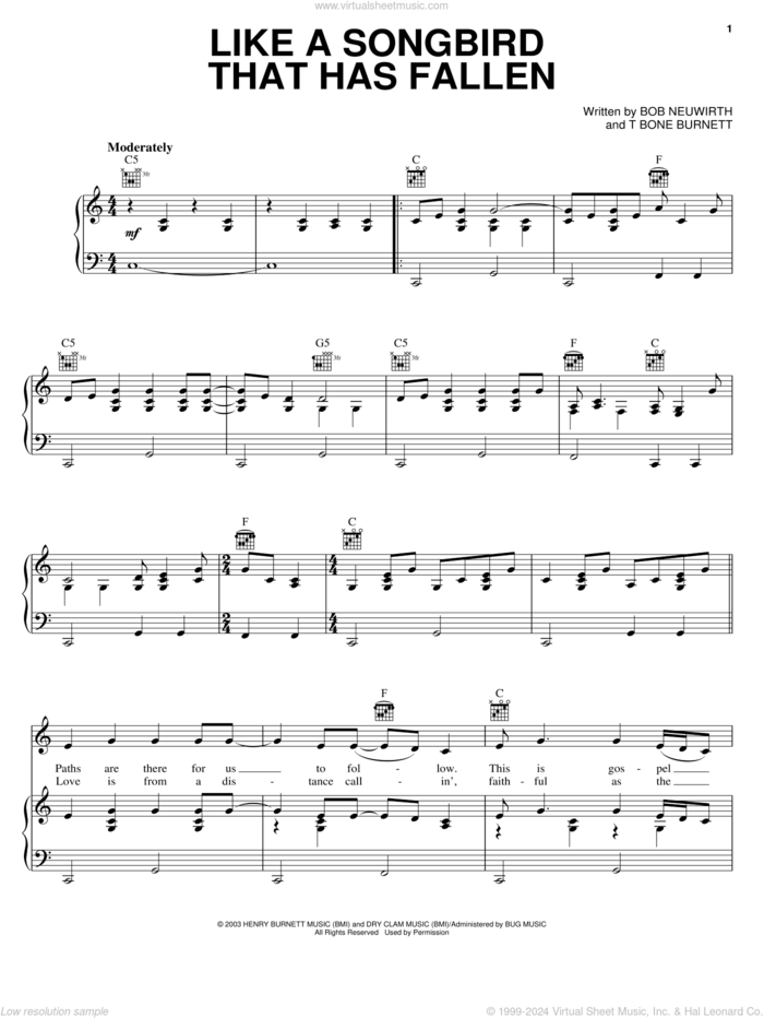 Like A Songbird That Has Fallen sheet music for voice, piano or guitar by Reeltime Travelers, Cold Mountain (Movie), Bob Neuwirth and T-Bone Burnett, intermediate skill level