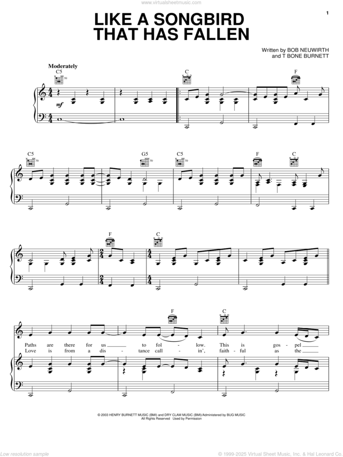 Like A Songbird That Has Fallen sheet music for voice, piano or guitar by Reeltime Travelers, Cold Mountain (Movie), Bob Neuwirth and T-Bone Burnett, intermediate skill level