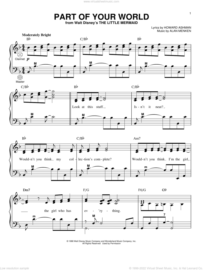 Part Of Your World (from The Little Mermaid) sheet music for accordion by Alan Menken, The Little Mermaid (Movie), Alan Menken & Howard Ashman and Howard Ashman, intermediate skill level