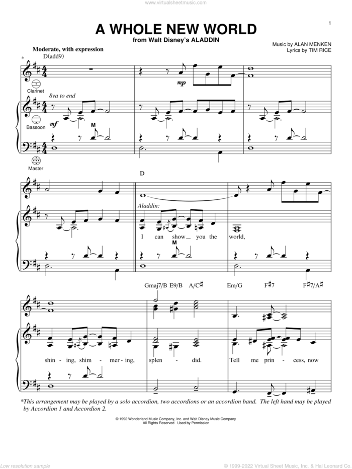 A Whole New World (from Aladdin) sheet music for accordion by Alan Menken, Alan Menken & Tim Rice and Tim Rice, wedding score, intermediate skill level