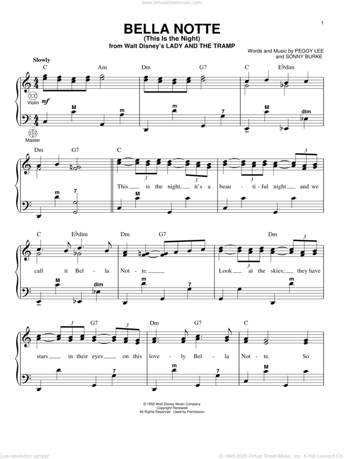 Bella Notte (This Is The Night) (from Lady And The Tramp) sheet music for accordion by Peggy Lee and Sonny Burke, intermediate skill level