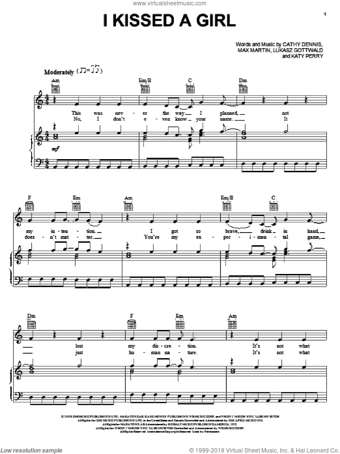 I Kissed A Girl sheet music for voice, piano or guitar by Katy Perry, Cathy Dennis, Lukasz Gottwald, Max Marin and Max Martin, intermediate skill level