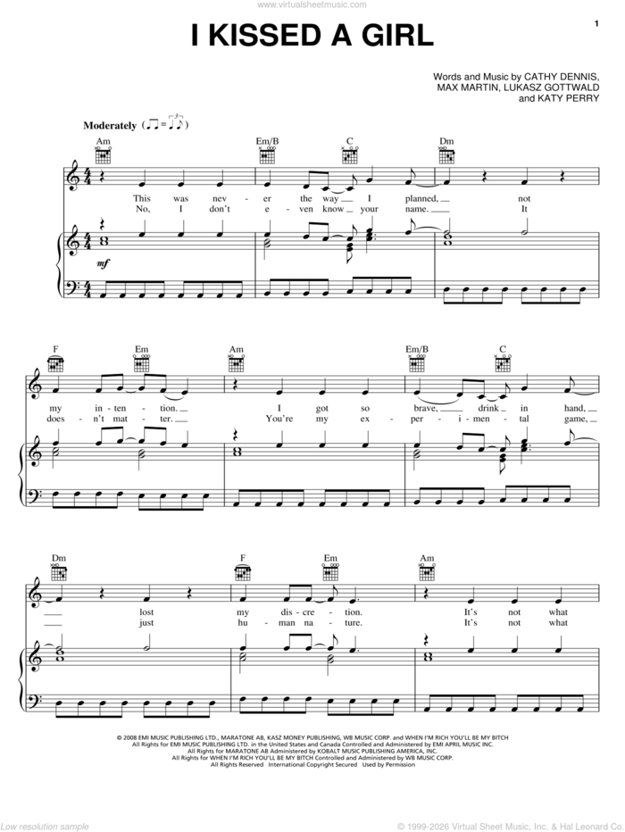 I Kissed A Girl sheet music for voice, piano or guitar by Katy Perry, Cathy Dennis, Lukasz Gottwald, Max Marin and Max Martin, intermediate skill level