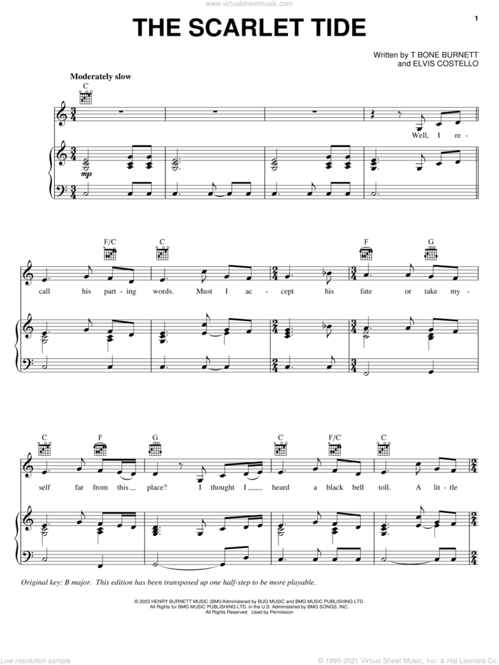 The Scarlet Tide sheet music for voice, piano or guitar by Alison Krauss, Cold Mountain (Movie), Elvis Costello and T-Bone Burnett, intermediate skill level