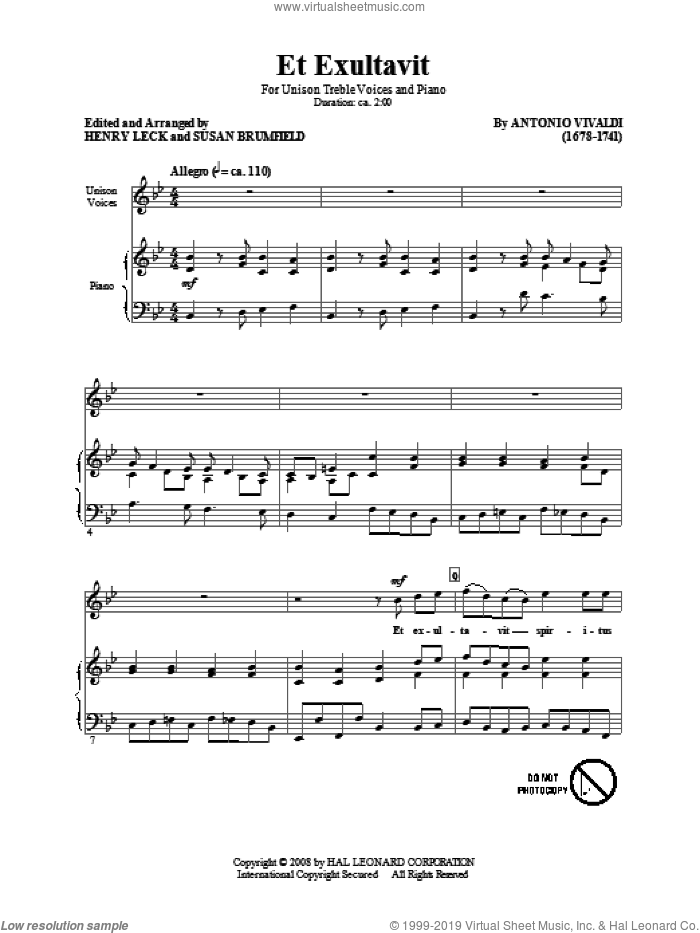 Ex Exultavit sheet music for choir (Unison) by Antonio Vivaldi and Henry Leck, classical score, intermediate skill level