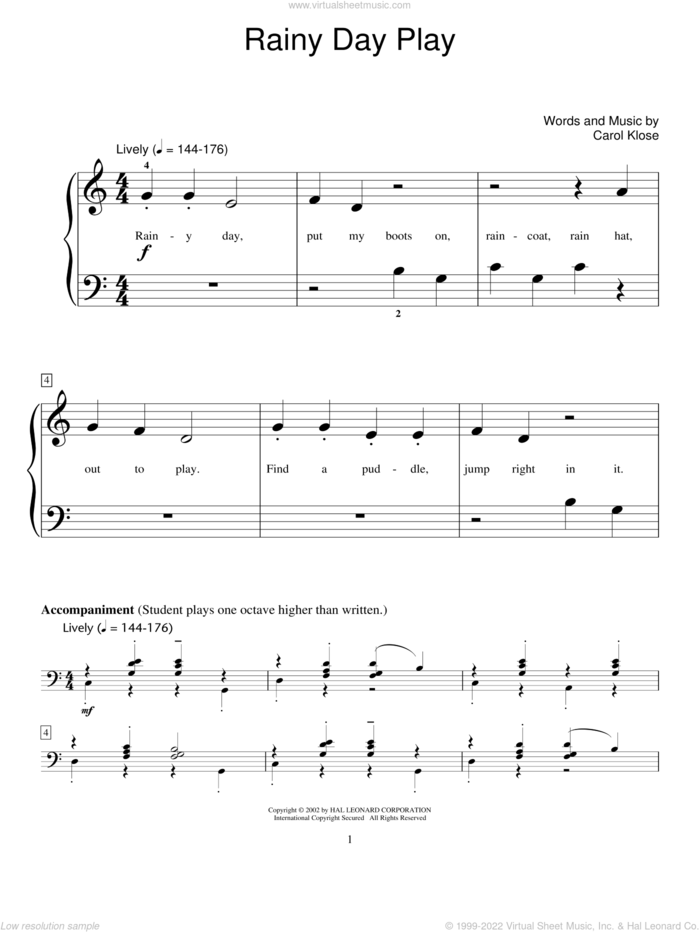 Rainy Day Play sheet music for piano solo (elementary) by Carol Klose and Miscellaneous, beginner piano (elementary)