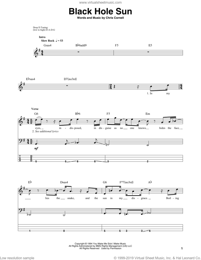 Black Hole Sun sheet music for bass (tablature) (bass guitar) by Soundgarden and Chris Cornell, intermediate skill level