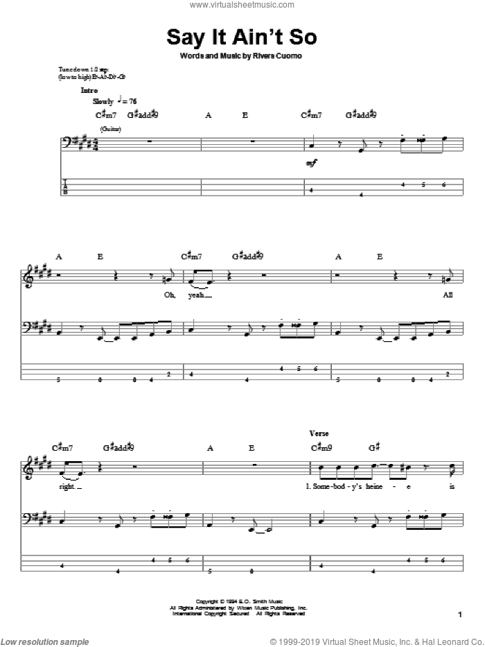 Say It Ain't So sheet music for bass (tablature) (bass guitar) by Weezer and Rivers Cuomo, intermediate skill level