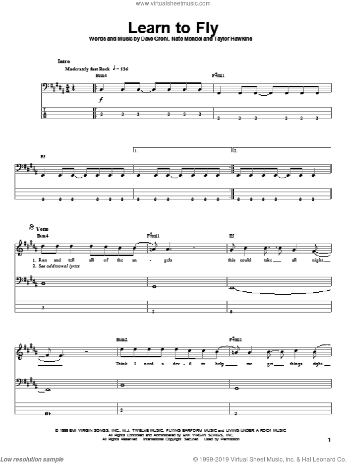 Learn To Fly sheet music for bass (tablature) (bass guitar) by Foo Fighters, Dave Grohl, Nate Mendel and Taylor Hawkins, intermediate skill level