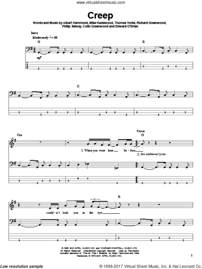 Creep sheet music for bass (tablature) (bass guitar) by Radiohead, Albert Hammond, Colin Greenwood, Jonathan Greenwood, Michael Hazlewood, Philip Selway and Thom Yorke, intermediate skill level