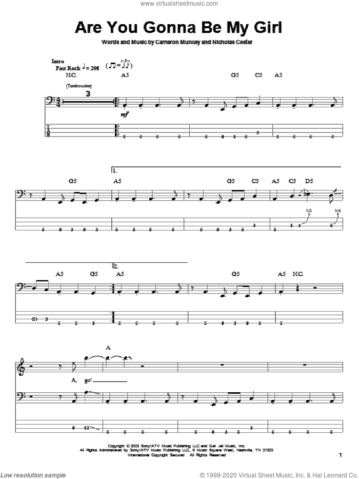 Are You Gonna Be My Girl sheet music for bass (tablature) (bass guitar) by Nic Cester and Cameron Muncey, intermediate skill level