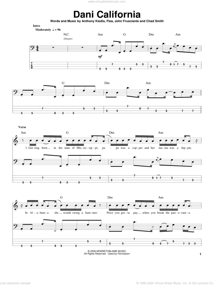 Dani California sheet music for bass (tablature) (bass guitar) by Red Hot Chili Peppers, Anthony Kiedis, Chad Smith, Flea and John Frusciante, intermediate skill level