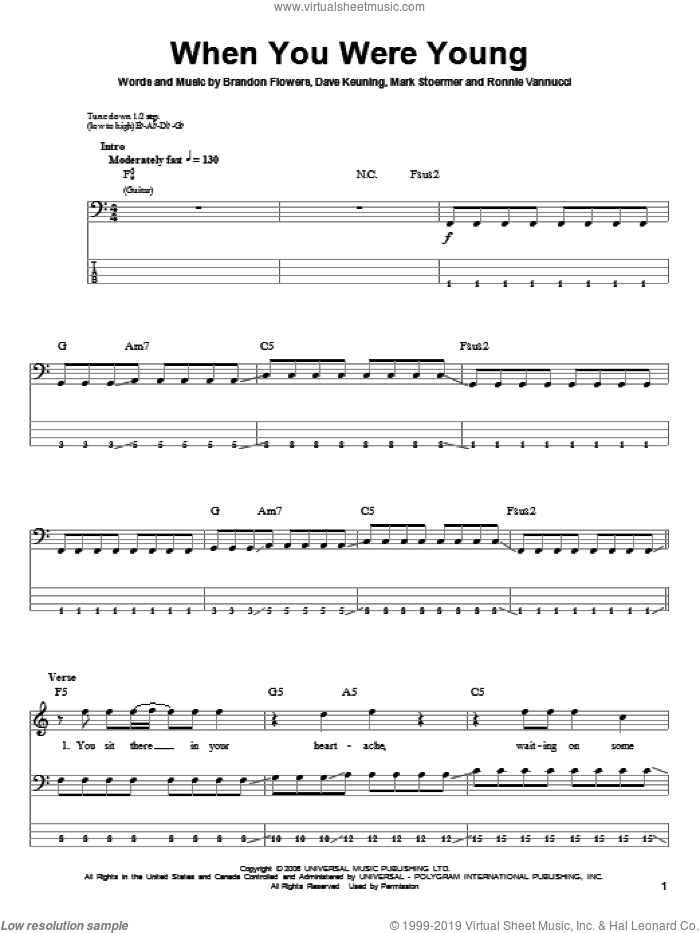 When You Were Young sheet music for bass (tablature) (bass guitar) by The Killers, Brandon Flowers, Dave Keuning, Mark Stoermer and Ronnie Vannucci, intermediate skill level