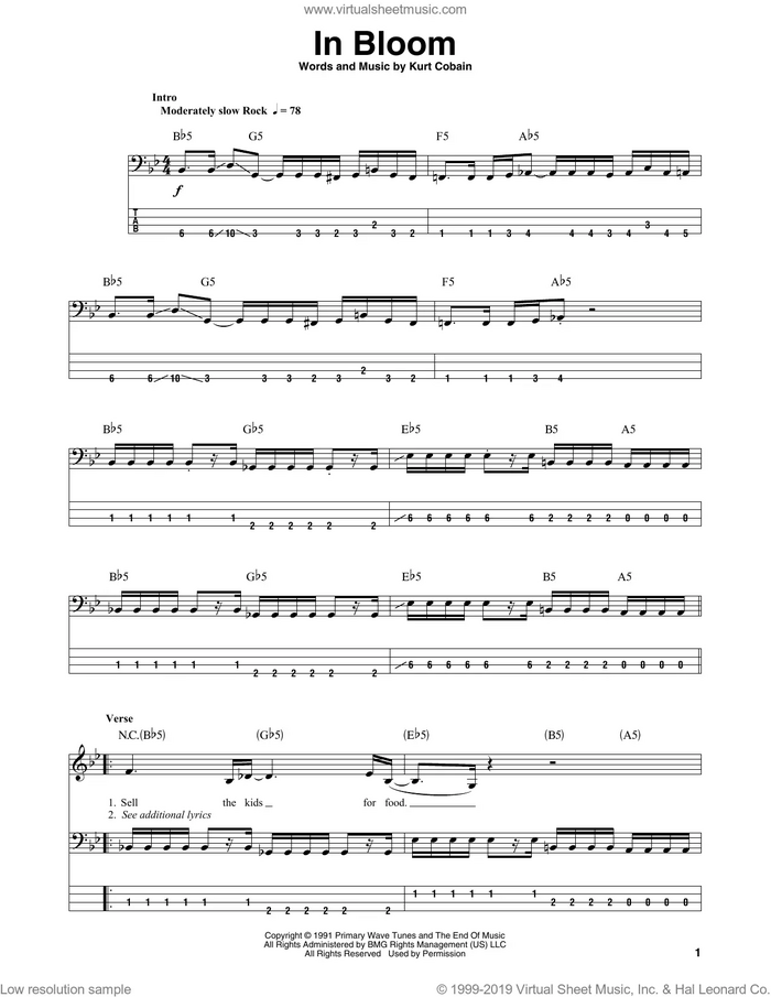 In Bloom sheet music for bass (tablature) (bass guitar) by Nirvana and Kurt Cobain, intermediate skill level