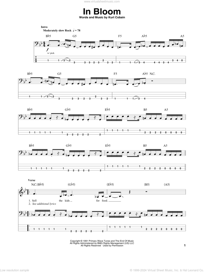 In Bloom sheet music for bass (tablature) (bass guitar) by Nirvana and Kurt Cobain, intermediate skill level