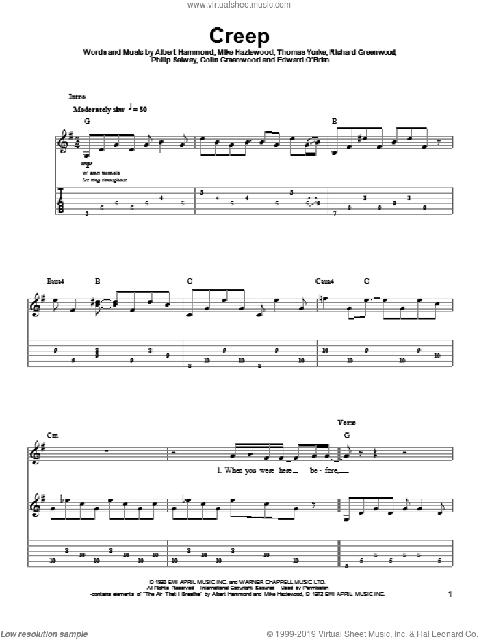 Creep sheet music for guitar (tablature, play-along) by Radiohead, Albert Hammond, Colin Greenwood, Jonathan Greenwood, Michael Hazlewood, Philip Selway and Thom Yorke, intermediate skill level