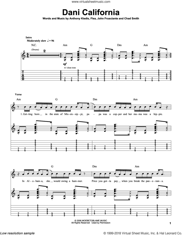 Dani California sheet music for guitar (tablature, play-along) by Red Hot Chili Peppers, Anthony Kiedis, Chad Smith, Flea and John Frusciante, intermediate skill level