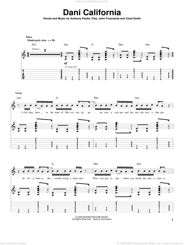 Dani California sheet music for guitar (tablature, play-along) by Red Hot Chili Peppers, Anthony Kiedis, Chad Smith, Flea and John Frusciante, intermediate skill level